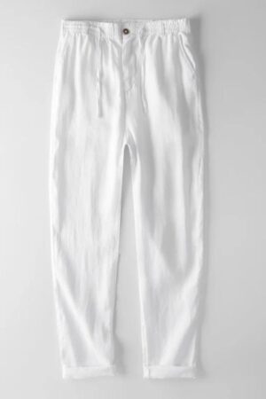 Men’s Pure Linen Elastic Waist Solid Trousers