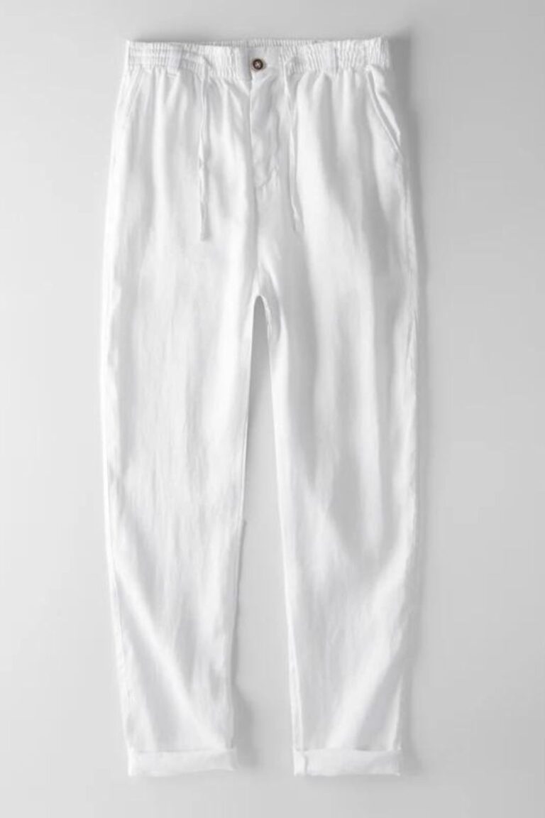 Men’s Pure Linen Elastic Waist Solid Trousers